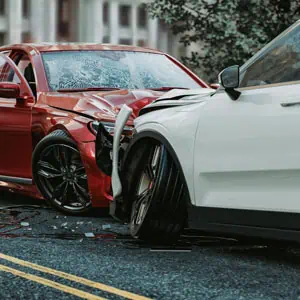 Two cars in a head-on collision, symbolizing a vehicle accident